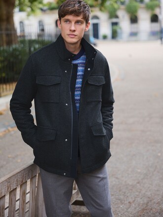 Navy Dogtooth Wool Blend Four Pocket Funnel Neck Coat