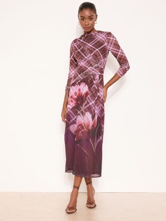 Lipsy Burgundy Red Floral Check Mesh Knot Side Midi Dress