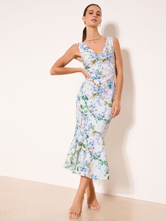 Lipsy White/Blue Floral V-Neck Fit And Flare Midi Dress