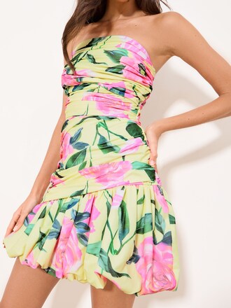 Lipsy Yellow Floral Print Ruched Bandeau Mini Dress