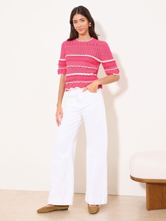 Lipsy Pink/White Broderie Frill Crochet Knit Short Sleeve T-Shirt