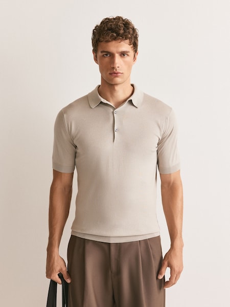 Natural - Regular Adrian Short Sleeve Knitted Polo Shirt