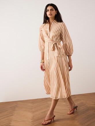 Mint Velvet Orange Stripe Wrap Midi Shirt Dress