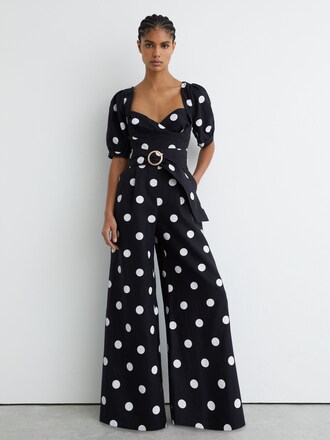 Reiss Navy/Ivory Brook Linen Polka-Dot Wide-Leg Jumpsuit