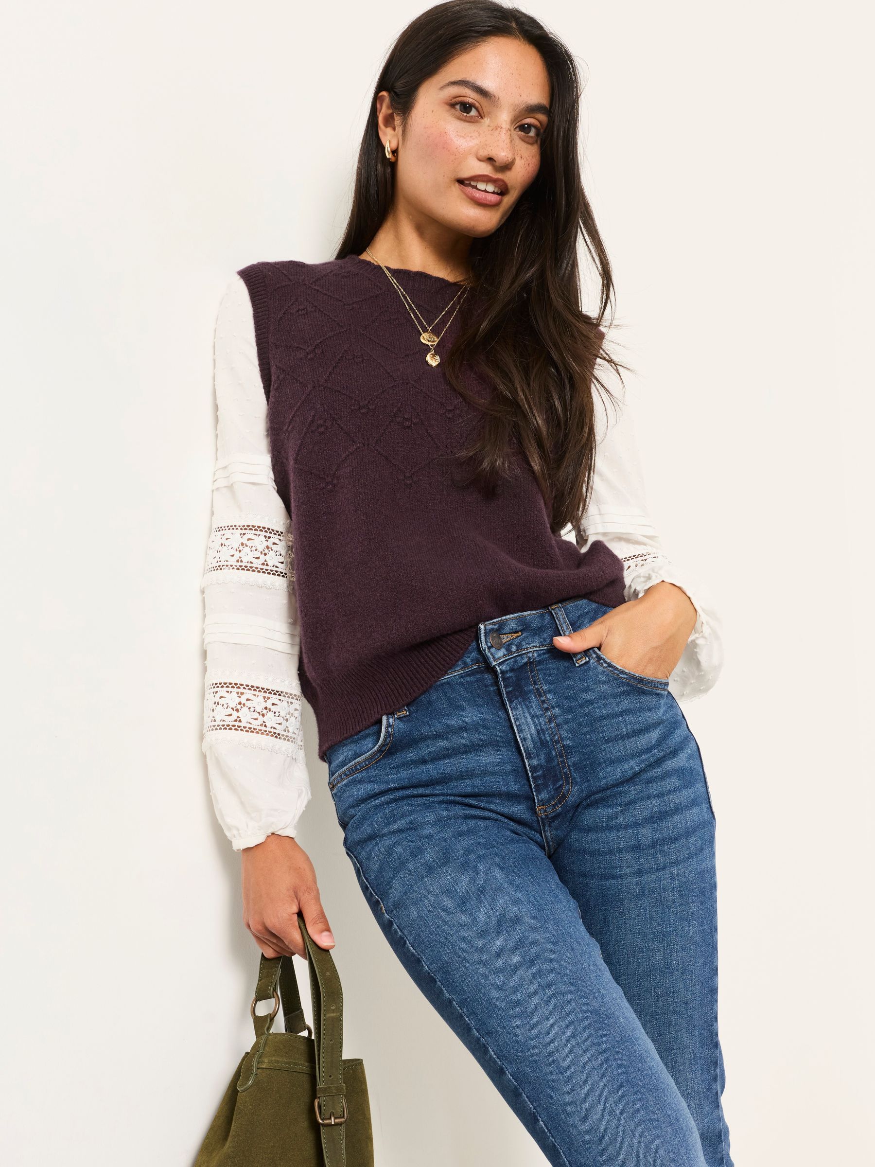 FatFace Kaia Plum Purple Double Layer Knitted Tank with Broderie Sleeves