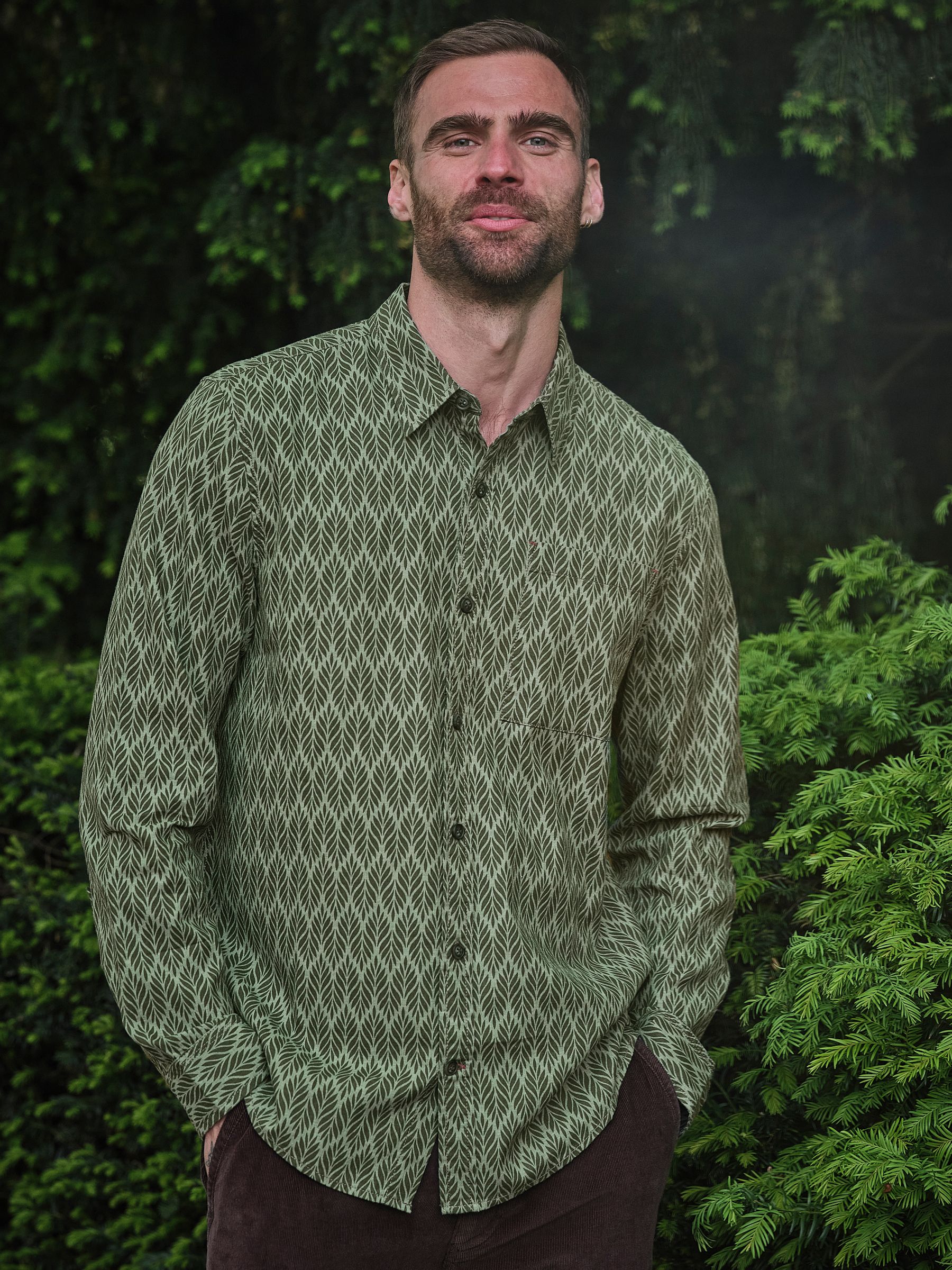FatFace Dusky Green Long Sleeve Chambray Leaf Print Shirt