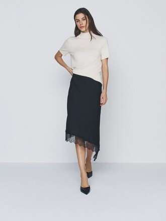 The Set 2 Pack Satin Crepe Lace Hem Asymmetric Midi Skirts Black/Plum