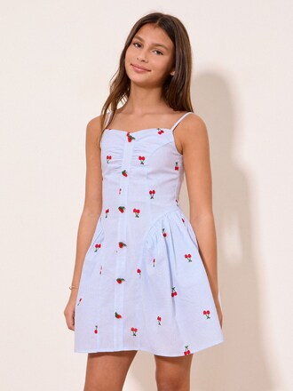 Lipsy Blue/White Teen Embroidered Cherry Pinstripe Dress (10-16yrs)