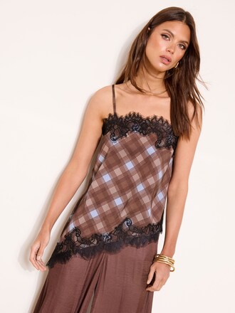 Lipsy Chocolate Brown Blue Check Asymmetric Lace Cami
