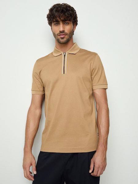 Natural Paras Zip Neck Knitted Polo Shirt (H12556) | £119