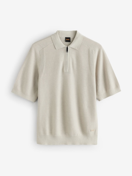 Natural Kancello Zip Neck Knitted Polo Shirt (H12572) | £139