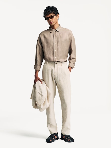 Brown Theo Tapered Leg Tailored 100% Linen Trousers (H12680) | £150