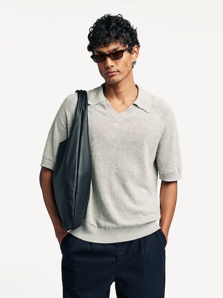 Grey Cale Open Collar Knit Polo Shirt (H12687) | £160