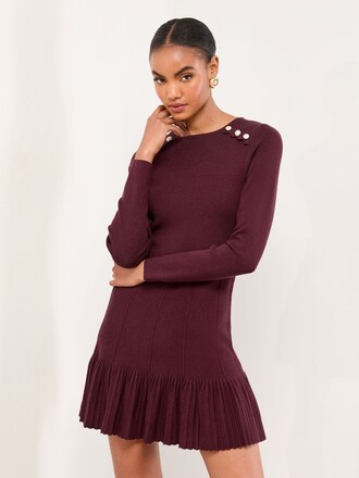 Lipsy Burgundy Red Knitted Scallop Buttoned Pleated Hem Mini Dress