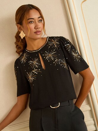 Love & Roses Black Gold Celestial Embellished Short Sleeve Top