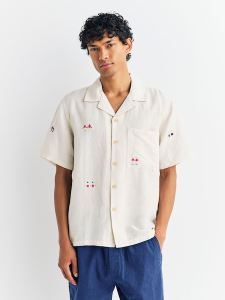 Natural Relaxed Soft Collar Short Sleeve Embroidered Shirt (H19824) | £160