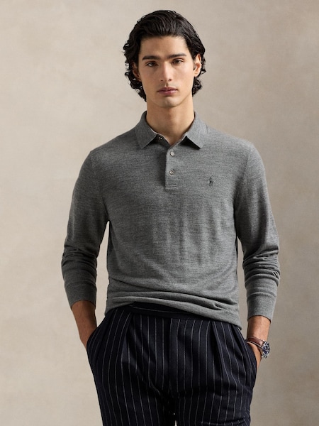 Grey Merino Wool Long Sleeve Polo Shirt (H21694) | £215