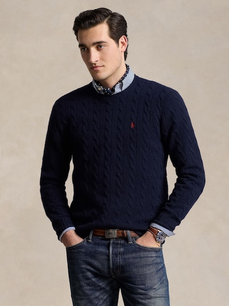 Blue Wool Cashmere Cable Knit Crew Neck Jumper (H21713) | £215