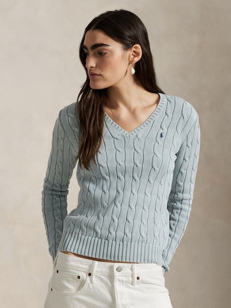 Blue Cable Knit Cotton V-Neck Sweater (H22524) | £185