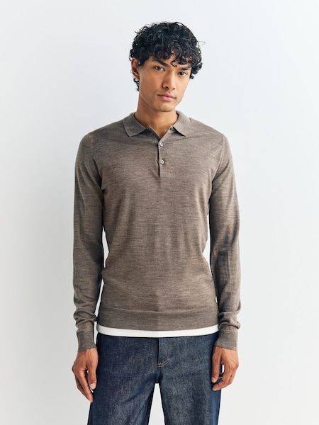 Brown Belper Long Sleeve Merino Wool Polo Shirt (H37996) | £245