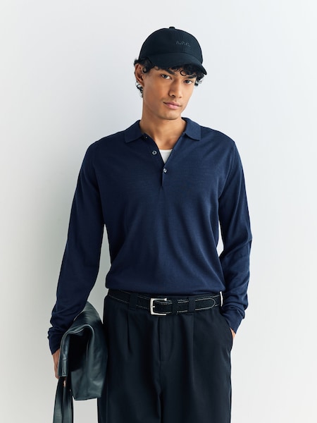 Blue Belper Long Sleeve Merino Wool Polo Shirt (H37999) | £245