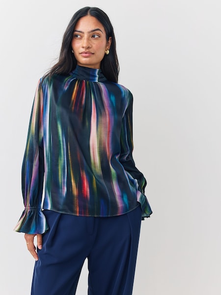 Blur Print Shifron High Neck Black Blouse (H39942) | £250