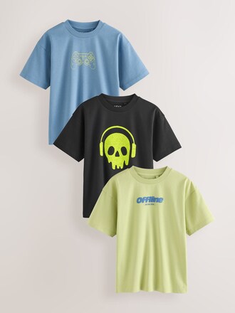 Blue Black Green Relaxed Fit Graphic Print Short Sleeve T-Shirts 3 Pack (3-16yrs)