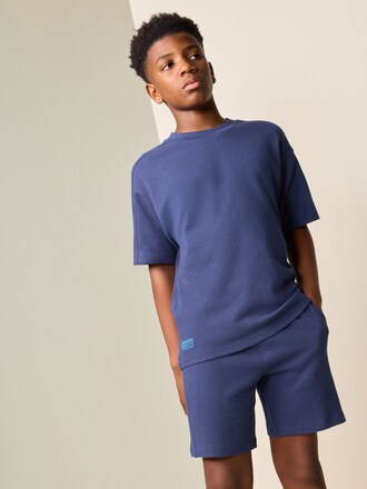 Navy Blue Textured Short Sleeve T-Shirt and Shorts Set (3-16yrs)