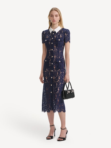 Blue Lace Contrast Collar Midi Dress (H49902) | £420