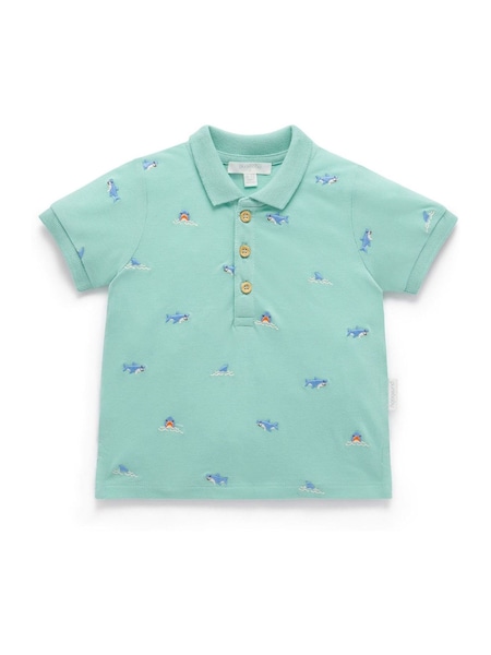 Green 100% Cotton Shark Print Polo Shirt (H50131) | £20