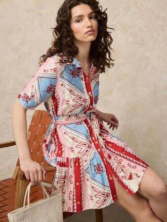 Red/Blue Bandana Printed Seminal x Lindsey Cherek Waller Short Sleeve Tie Waist Shirt Dress - Petite