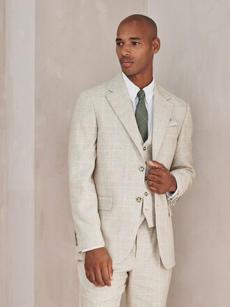 Neutral Regular Fit Check Cotton Linen Blend Suit Jacket