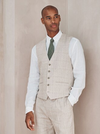 Neutral Check Cotton Linen Blend Suit Waistcoat