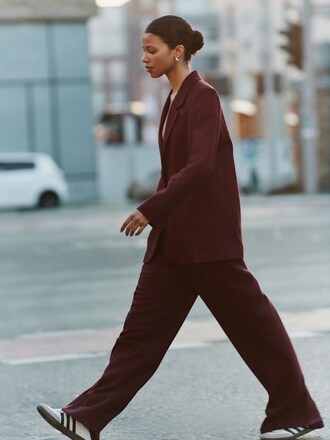 Burgundy Red Linen Rich Tie Waist Wide Leg Trousers