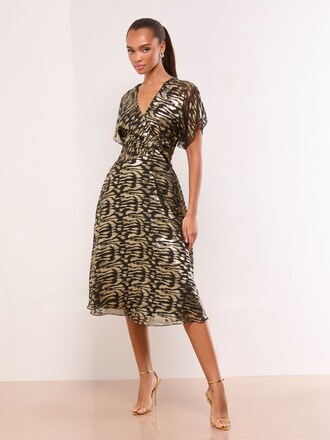 Lipsy Black Metallic Printed V-Neck Fit And Flare Midi Dress