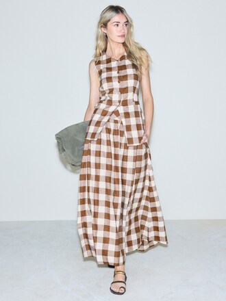 Brown Gingham Linen Rich Full Midi Skirt