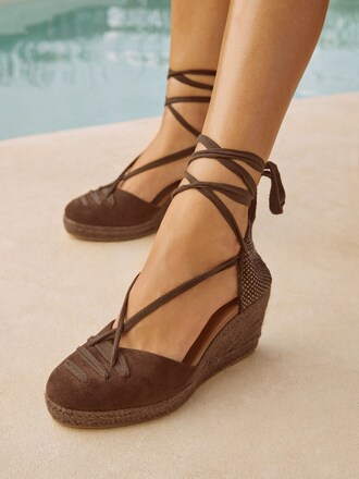 Lipsy Chocolate Brown Standard Fit Closed Toe Ankle Tie Mid Heel Espadrille Summer Sandals