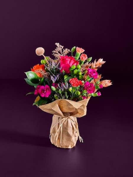 Orange Spray Carnation and Rose Bouquet With Wrapped Glass Vase (H91852) | £25