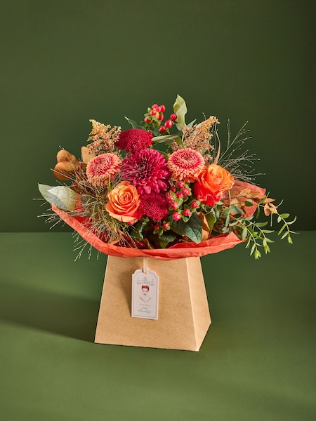 Red Germini and Achillea Fresh Flower Autumn Bouquet in Gift Bag (H91858) | £40