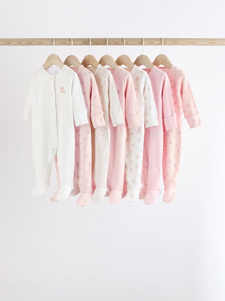 Pink 7 Pack Baby 100% Cotton Sleepsuits (0-2yrs) (K79432) | £30 - £32