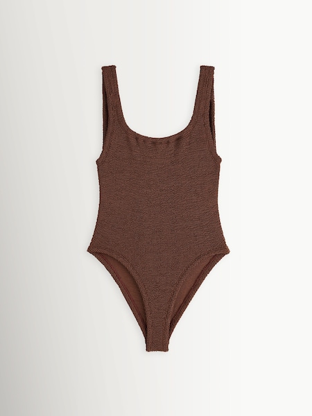 Brown - Square Neck Crinkle Swimsuit