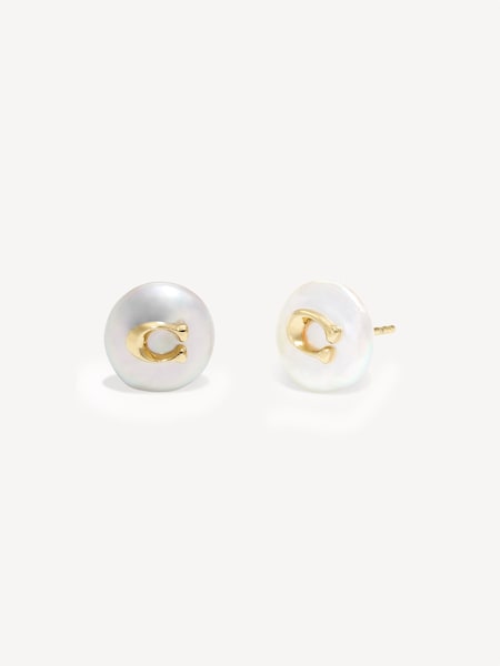 Gold Tone Signature Coin Pearl Stud Earrings (N44549) | £40