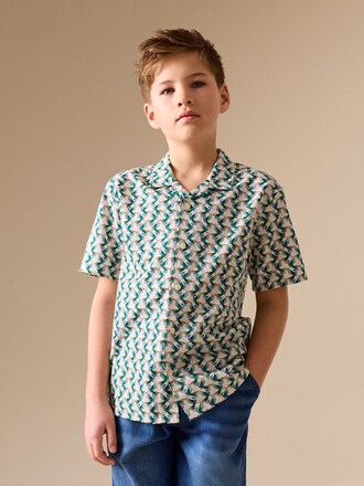 Green/Ecru Geo Print Short Sleeve Revere Collar Shirt (3-16yrs)