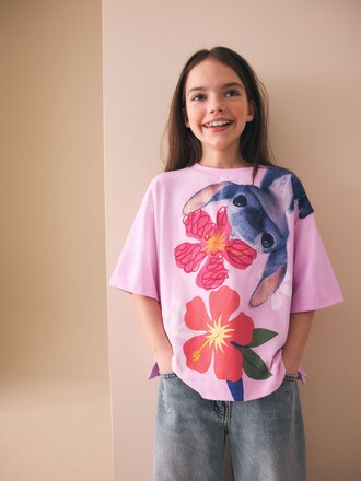 Pink Embroidered Disney Stitch Oversized Boxy T-Shirt (3-16yrs)