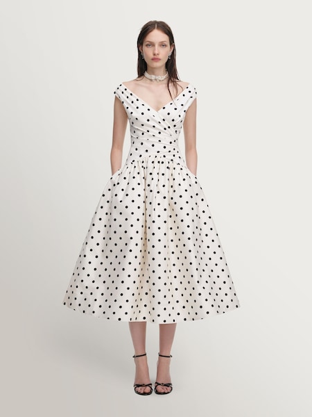 Cream Polka Dot Cotton Midi Dress (V10639) | £400