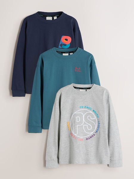 Blue/Grey - Long Sleeve Graphic T-shirts 3 Pack