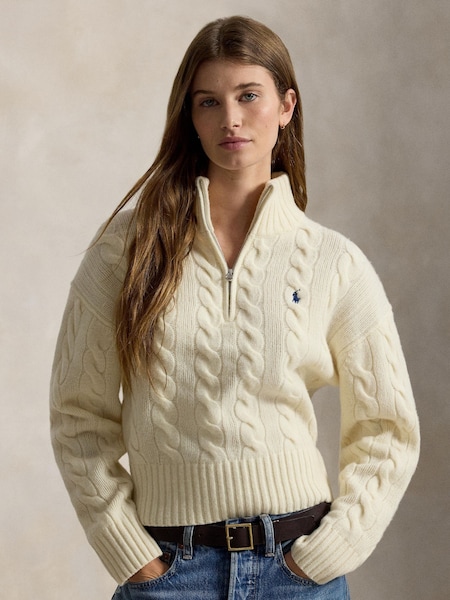 Cream - Cable Knit Quarter Zip Funnel Neck Sweater