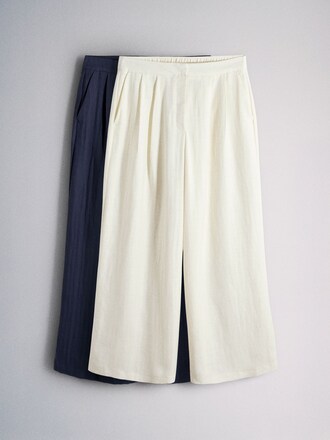 The Set 2 Pack Pull On Pleated Front Wide Leg Trousers With Linen Navy Blue/Cream
