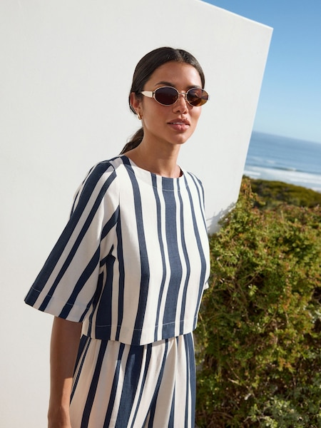 Navy/White Summer T-Shirt with Linen (W22788) | £28