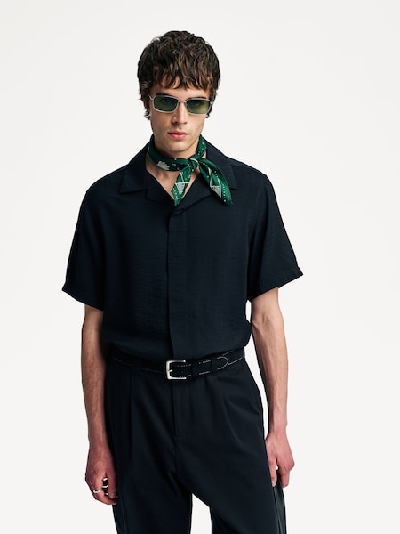 Black Hank Camp Collar Textured Short Sleeve Shirt (W23272) | £125